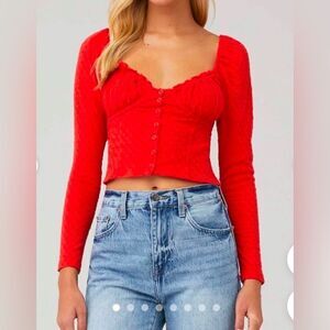 Free People Crop Top Womens  Orange  Blouse Long Sleeve Sz M Buttons